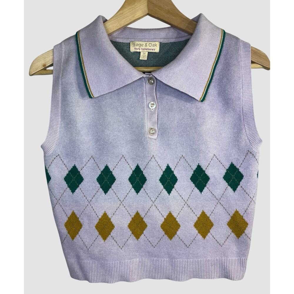 Sweater Vest Women Medium Lavender Argyle Preppy Academic Retro Layering 90s